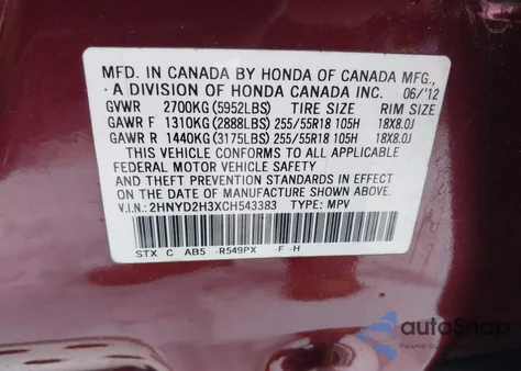 2012 Acura Mdx Technology Package z USA, uszkodzony, nr VIN 2HNYD2H3XCH543383